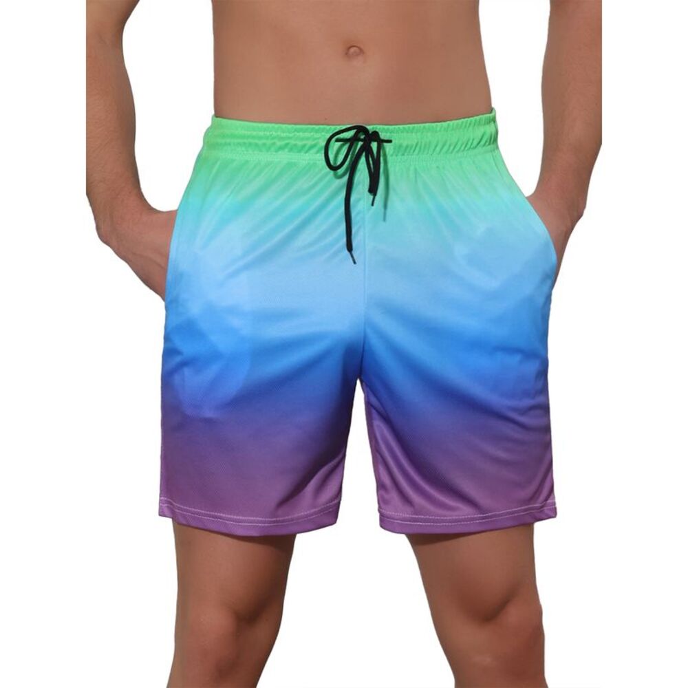Men's Contrast Color Summer Beach Colorful Swimwear Shorts Green Blue